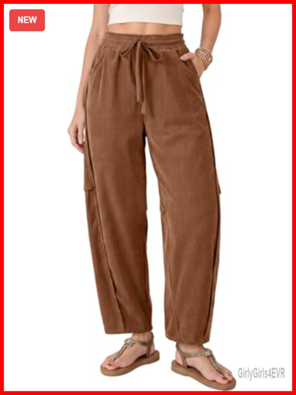 Corduroy Barrel Leg Pants High Rise Drawstring Wide Leg Casual Fall